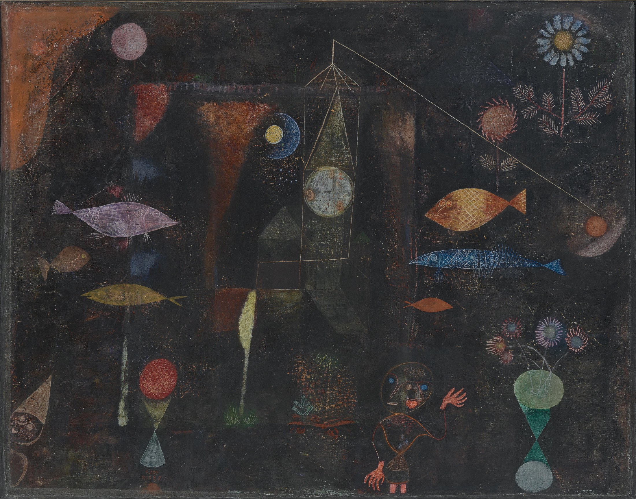 Paul Klee’s Fish Magic: coloured fish and a clock emerging from a dark ground